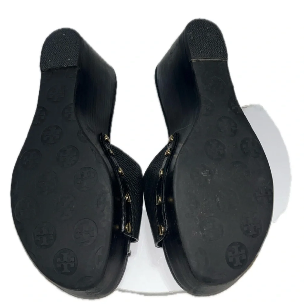 TORY BURCH Leather Slides, Black Size:9M